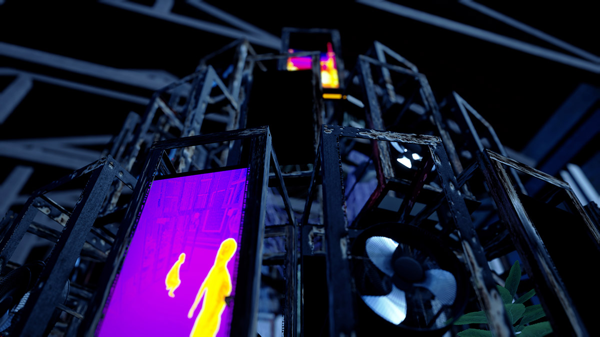 Representation of the Irish Pavilion, central section in the Arsenale. Built using burnt server cabinets, fans, thermal cameras, screens, grow lights and rubber plants the pavilion performs the material impact of data infrastructure on everyday life. © ANNEX