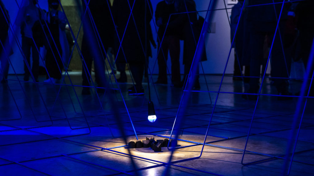 Photo by Patrick Bramley of 'An Brandub' sculpture in 'The Hut' ('N3' reimagined as a 3D drawing in steel) - part of the Tom dePaor 'i see Earth' exhibition.