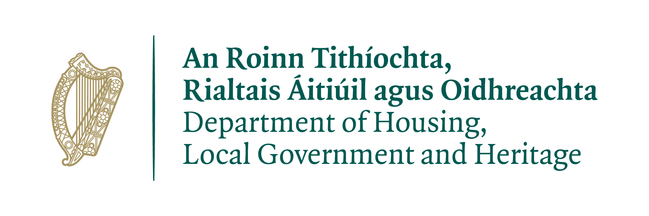 Department of Housing, Local Government and Heritage logo: a golden harp on the left, and on the right, in dark green, the name of the department in Irish and English