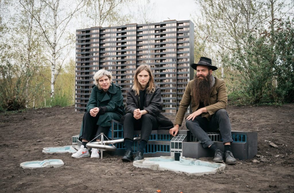Photo of Britta Peters, Artistic Director of Urbane Künste Ruhr, with Marta Dyachenko and Julius von Bismarck and their artwork 