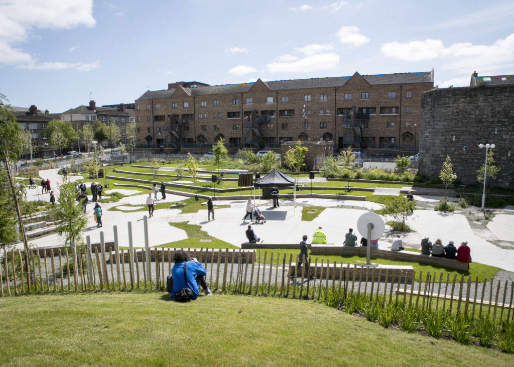 Photo of Bridgefoot Street Park, Dublin. The shot is taken from a hill, looking down over the park.