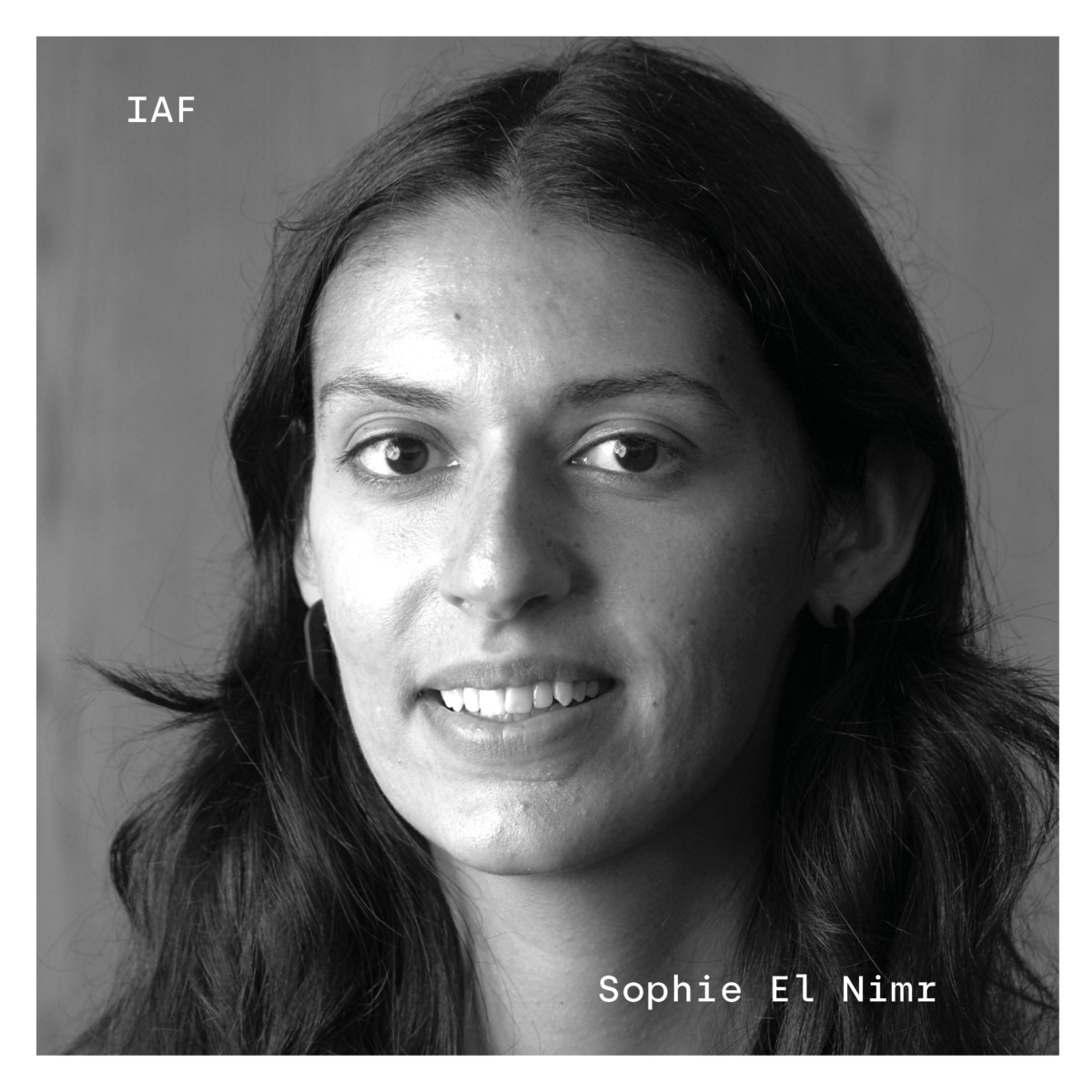 Black and white profile of Sophie El Nimr. Her name is in white in the bottom right corner, and "IAF" in white in the top left corner.
