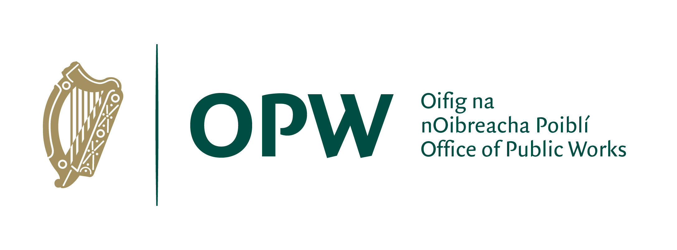 OPW logo: left to right, Government of Ireland gold harp, dark green vertical dividing line, text in the same green: OPW Oifig na nOibreacha Poiblí Office of Public Works