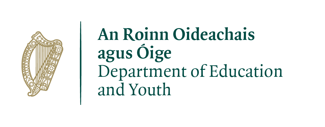 Logo with gold harp and green words: An Roinn Oideachais agus Óige / Department of Education and Youth
